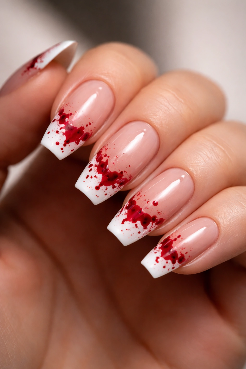 White French tips with red blood splatter on nails