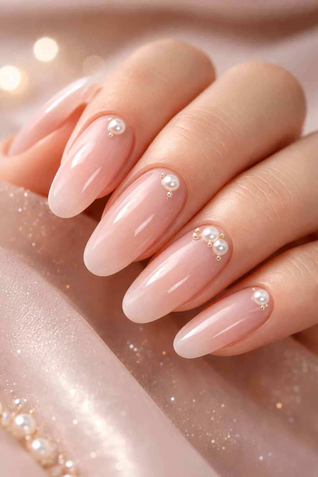 Close-up of long round acrylic nails with soft blush base and pearl accents