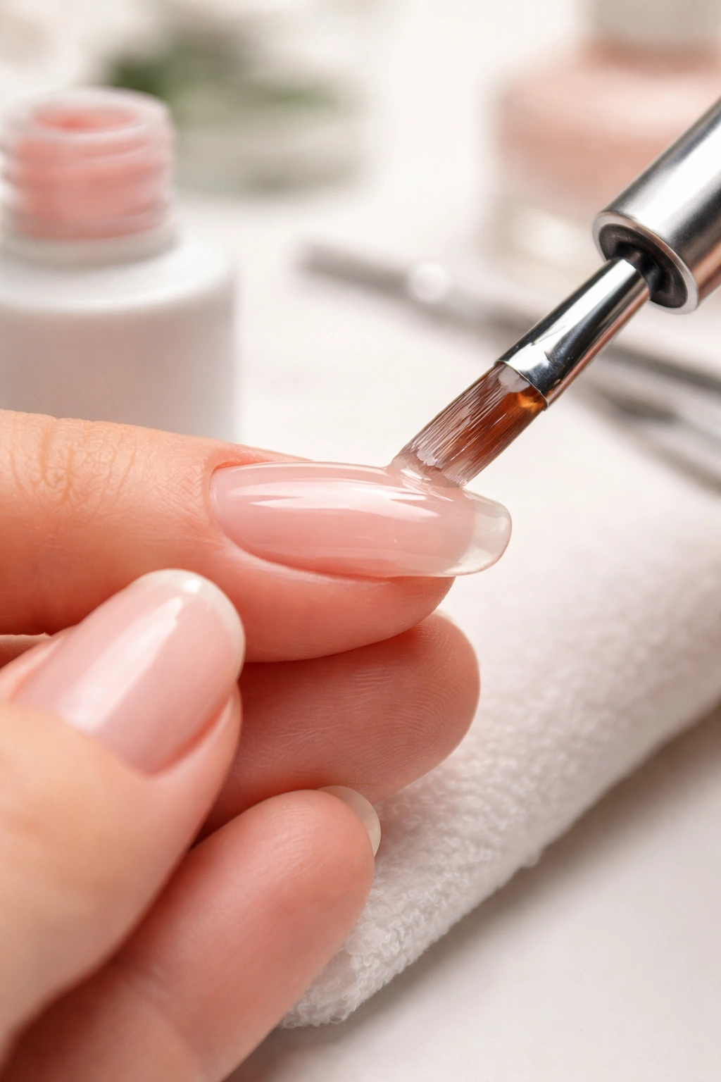 Close-up of hand applying builder gel with a brush, highlighting beginner-friendly nail gel technique