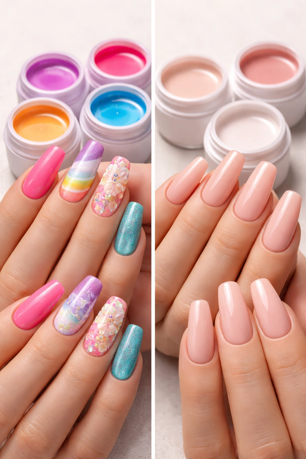 Two-panel nails showing vibrant builder gel colors and nude hard gel colors