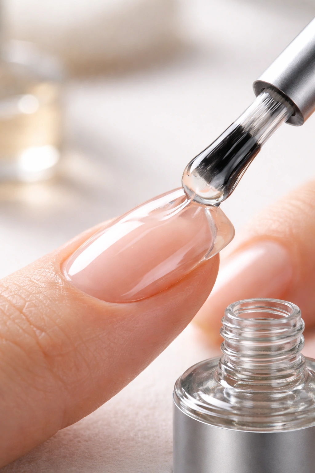 Close-up of builder gel being applied to a natural nail with a gel bottle nearby