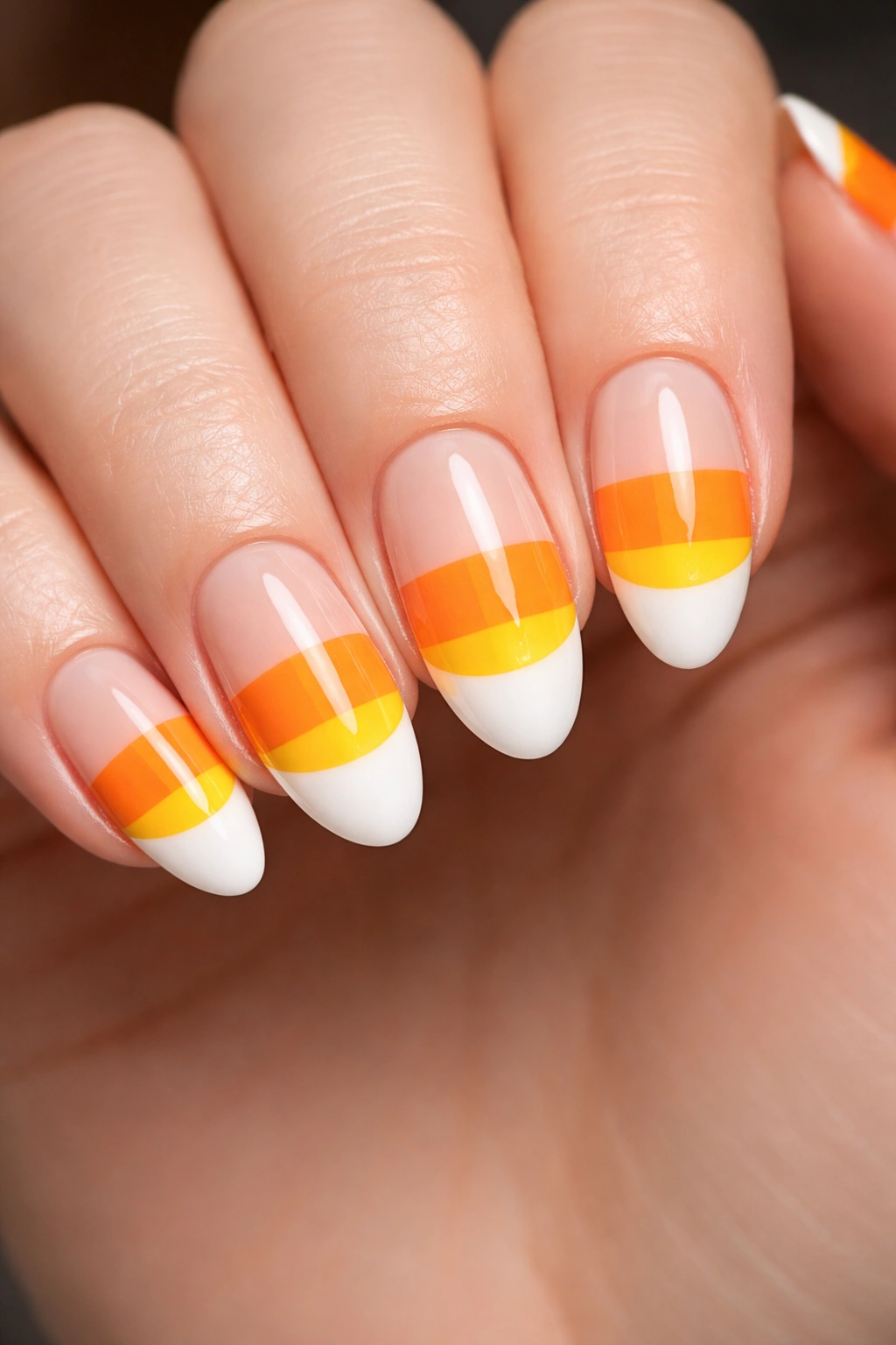 Nails with candy corn color tips yellow orange white