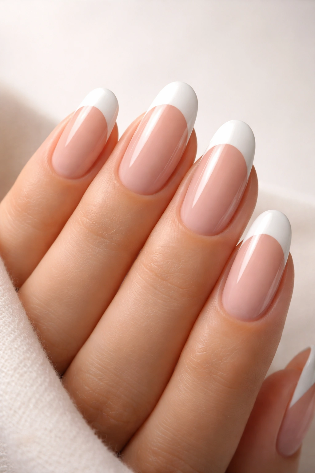 Close-up of classic white tips on long round acrylic nails with nude base