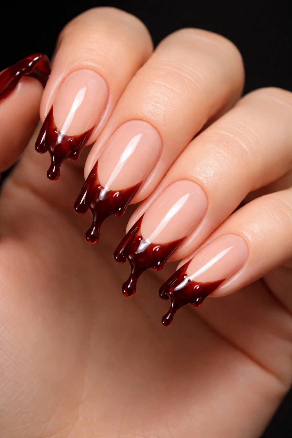 Close-up of nude nails with burgundy dripping blood French manicure