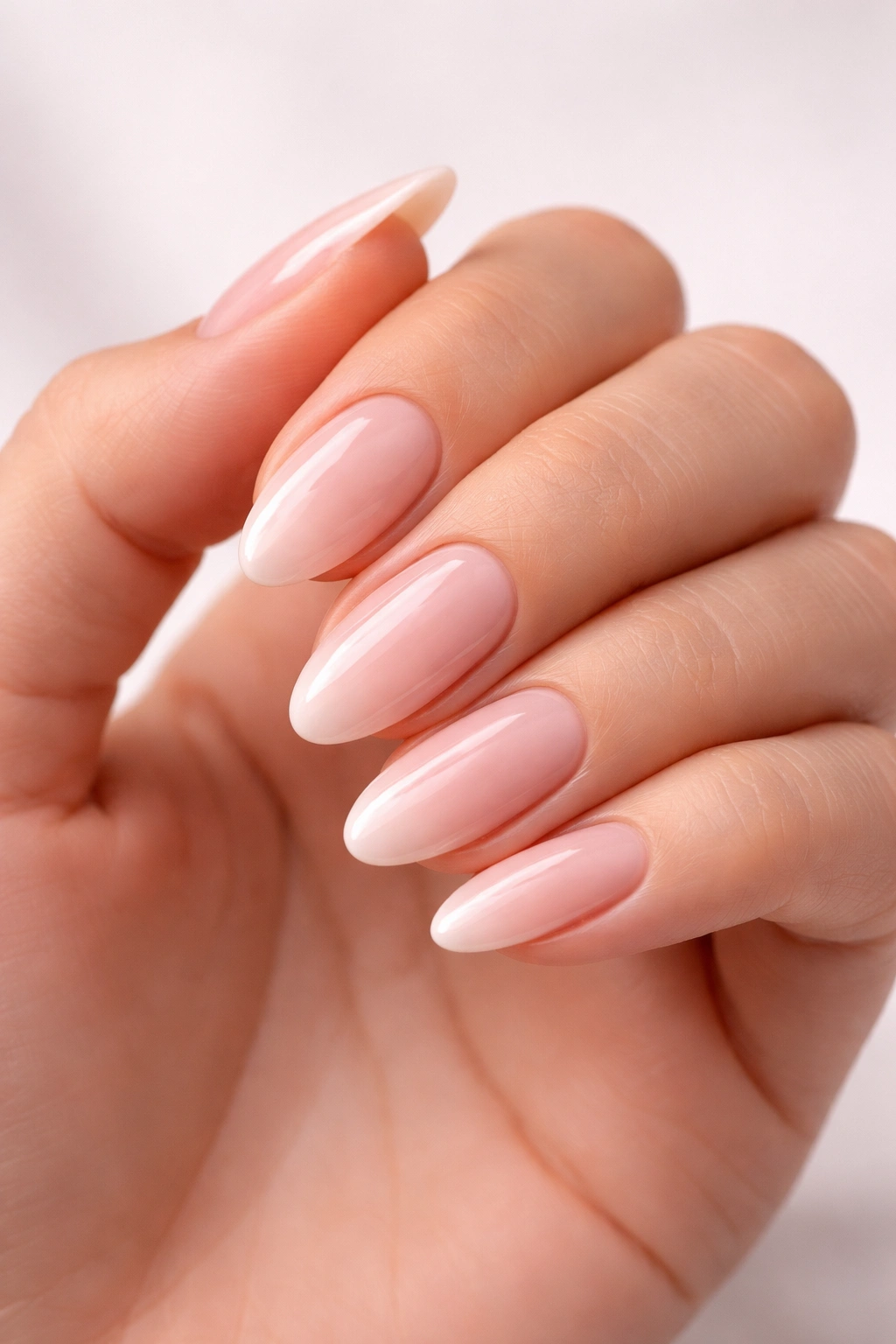 Close-up of hand with flawless gel manicure on natural nails