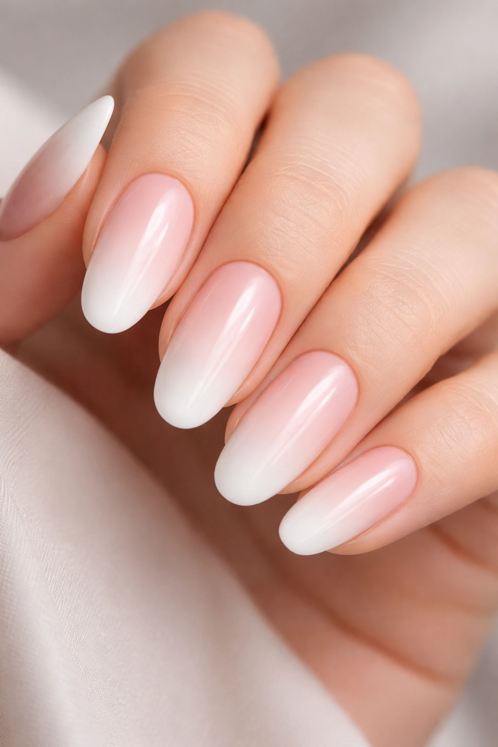 Close-up of long round acrylic nails with a pale pink to white ombre gradient