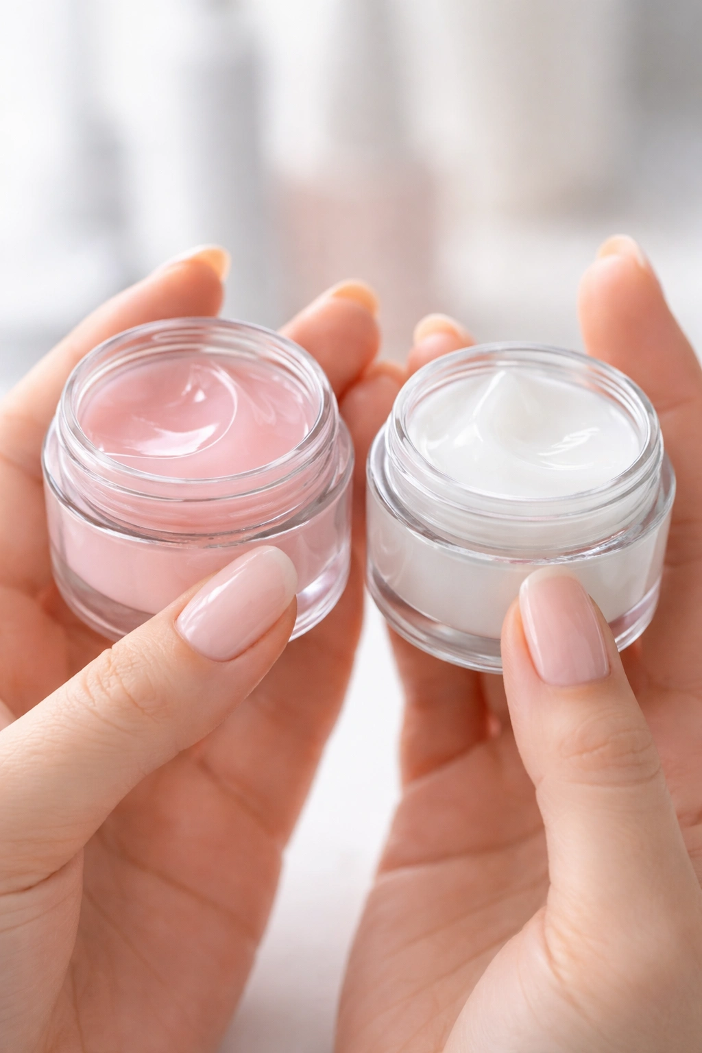 Close-up of two gel bottles with different tones held in a hand, illustrating product choice