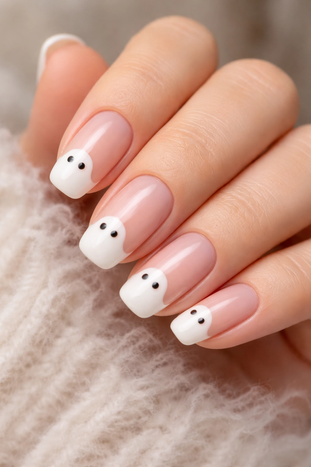Nails with sheer pink base and white ghost tips with black eyes