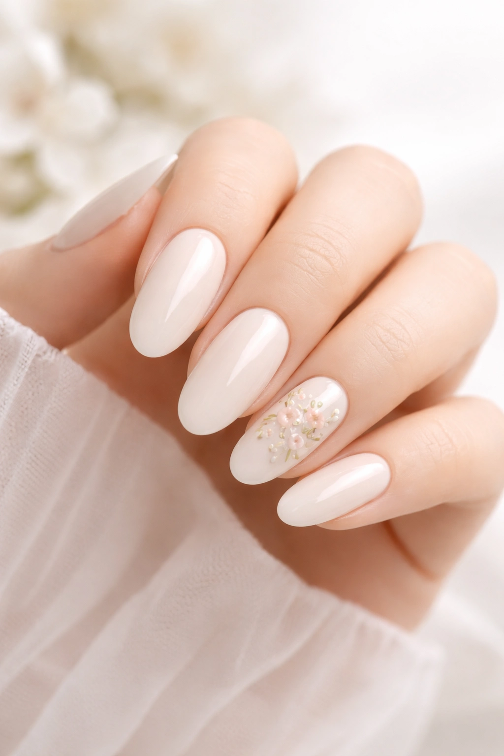 Close-up of ivory acrylic nails with delicate floral accents on accent nails