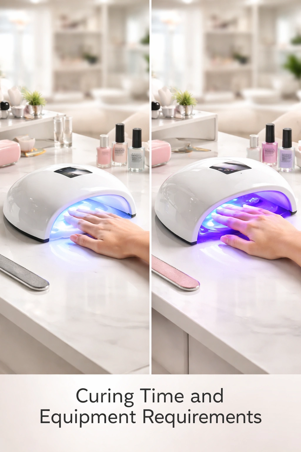 Split-frame showing nails under LED and UV curing lamps