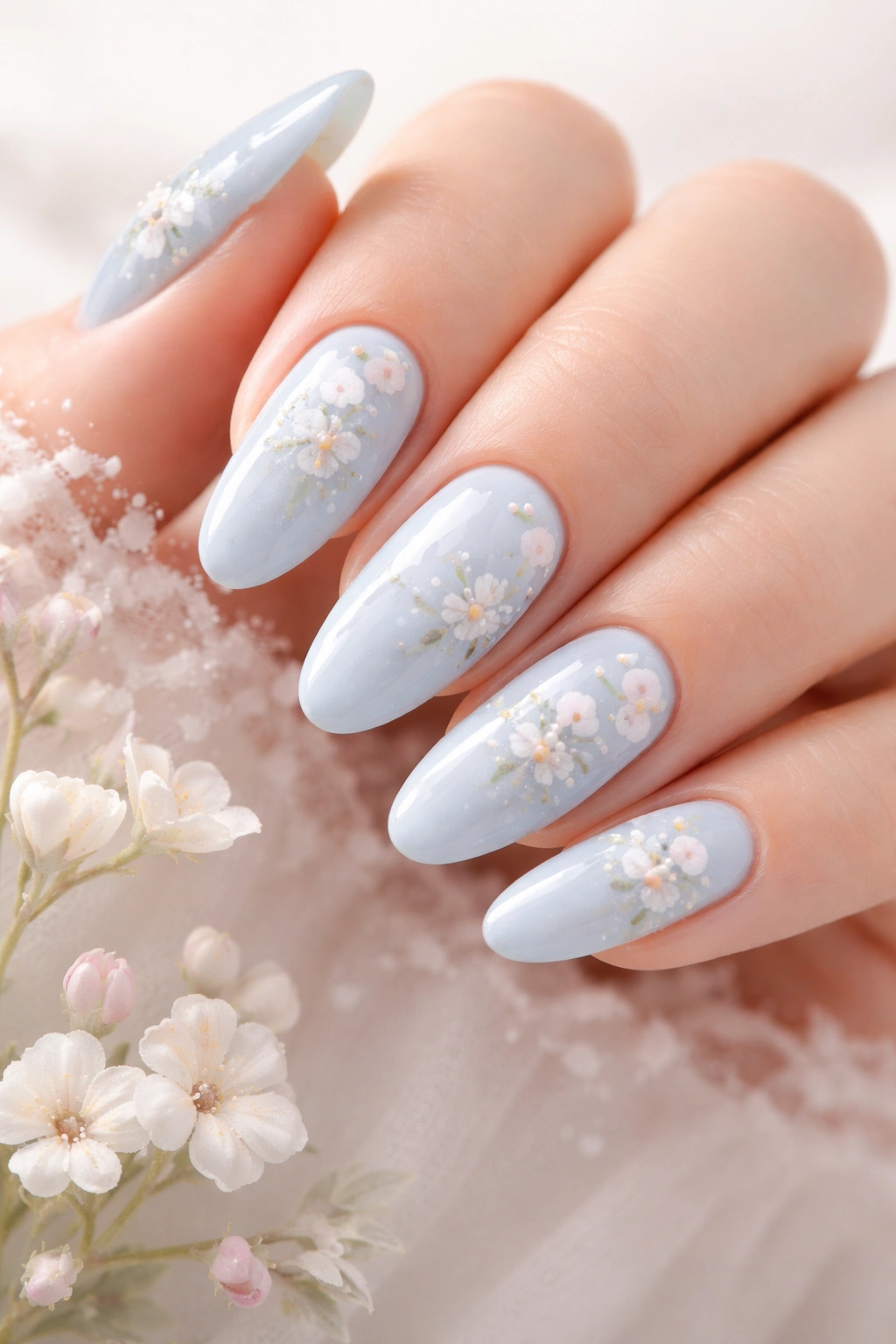 Close-up of light blue nails with delicate white floral nail art on a neutral background