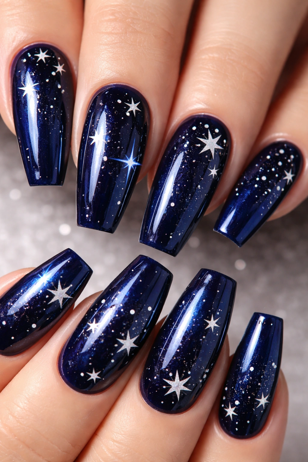 Close-up of midnight blue nails with metallic star accents on a plain background