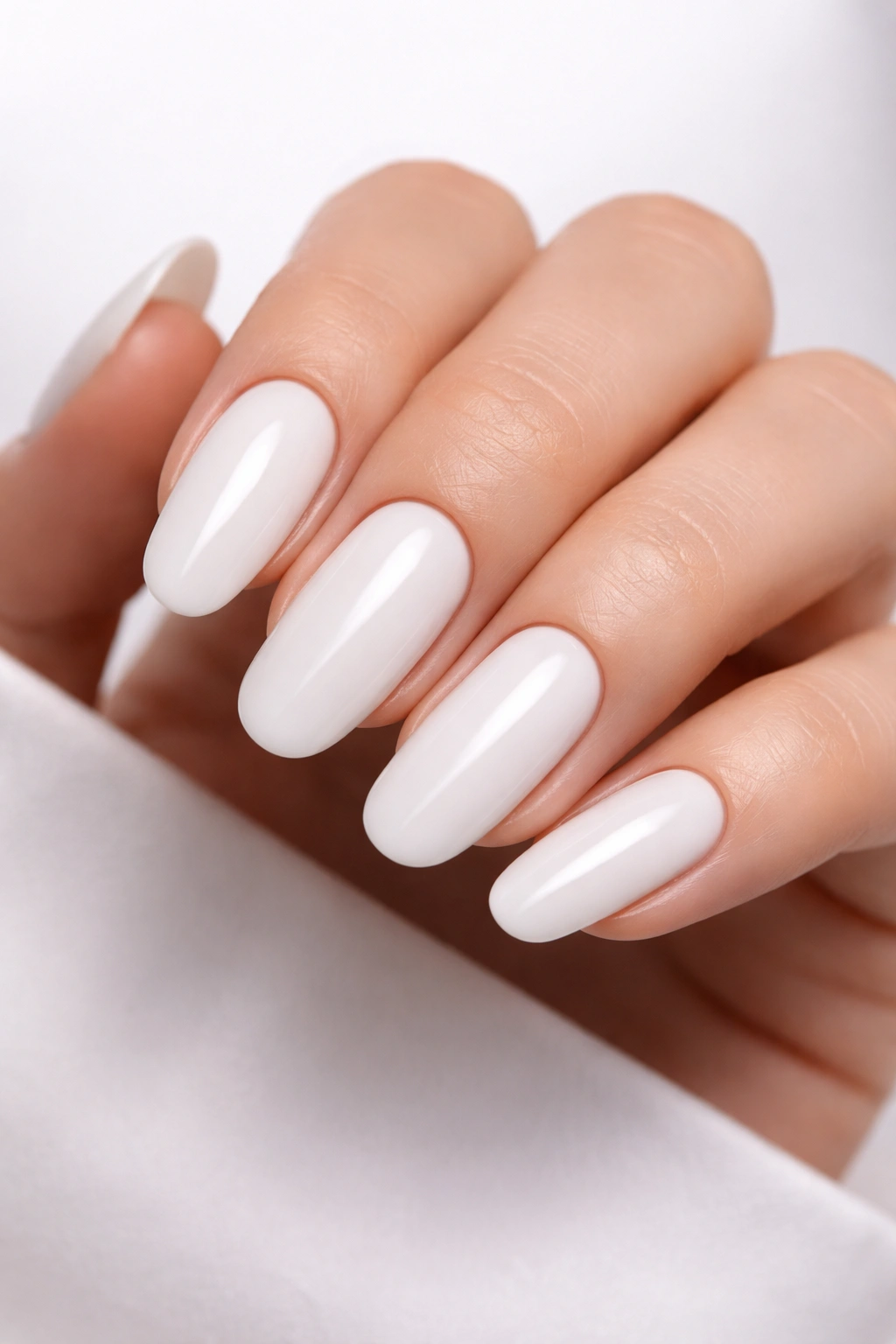 Close-up of minimalist white long round acrylic nails with high-gloss finish