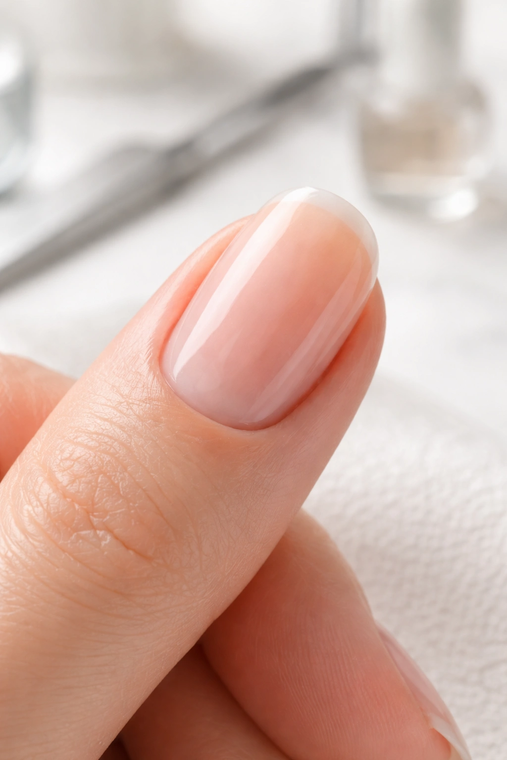 Macro image of a healthy natural nail with clean cuticle, no polish