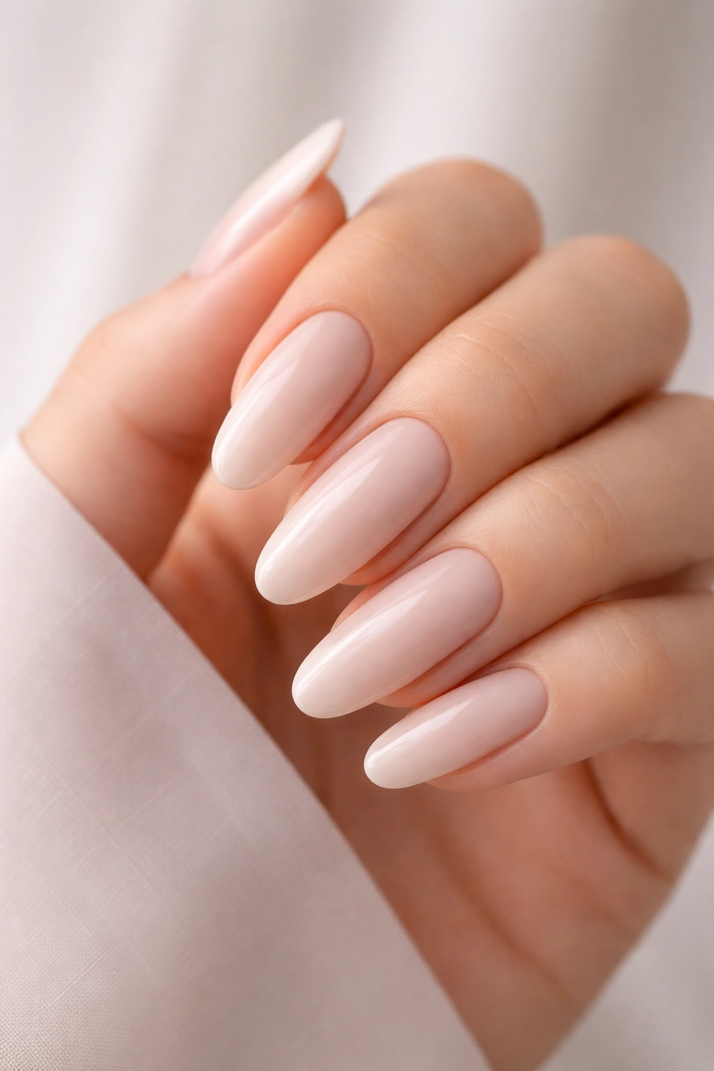 Close-up of long round acrylic nails in a refined neutral tone with minimalistic setup
