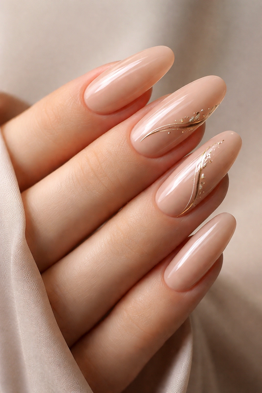 Close-up of nude nails with delicate gold accents on long round acrylic nails