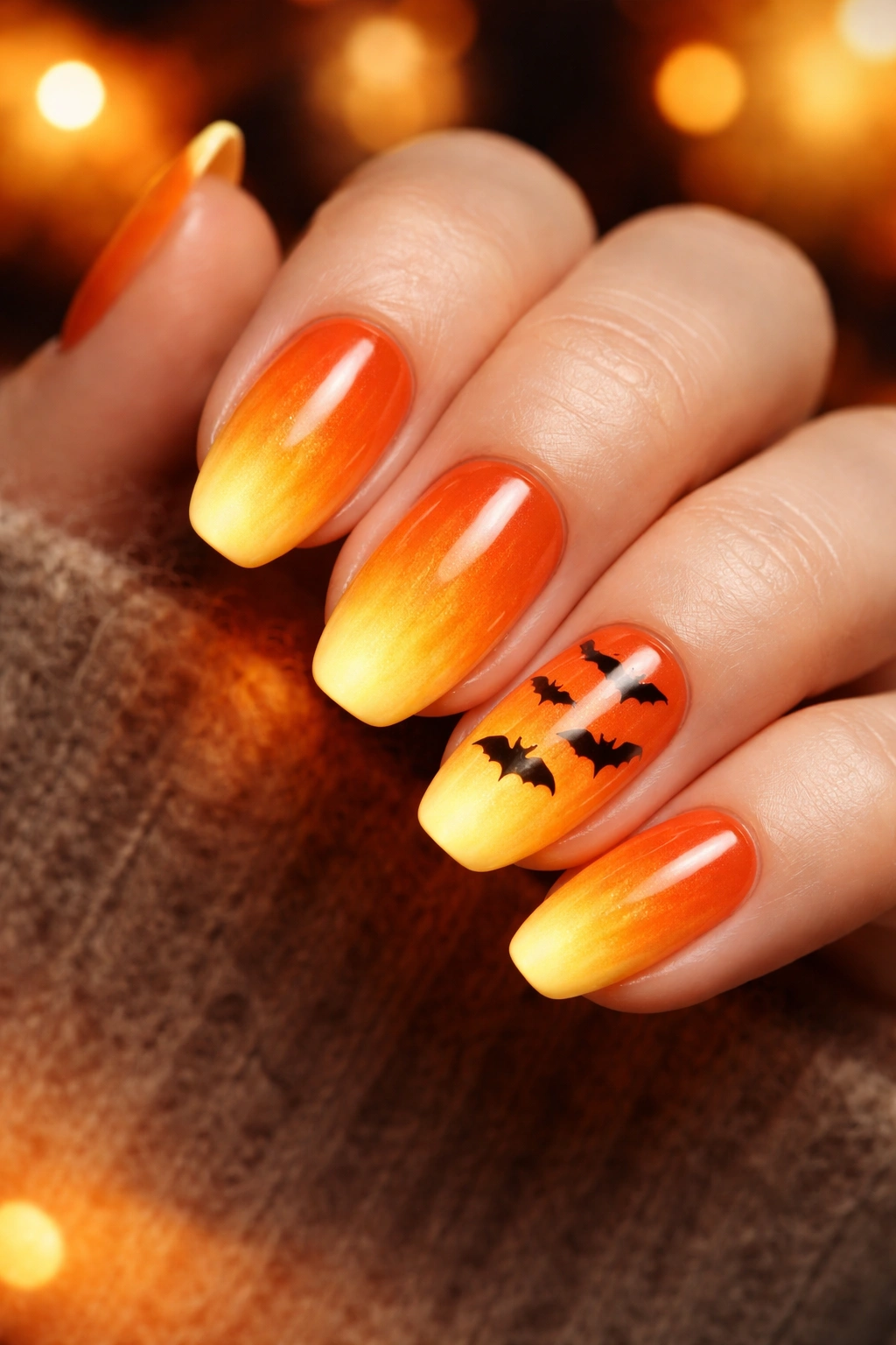 Close-up of orange to yellow ombre nails with subtle glow
