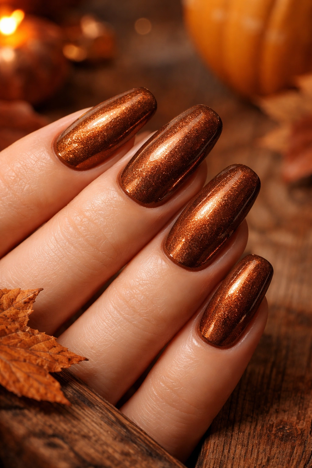 Brown nails with pumpkin spice shimmer under warm autumn lighting