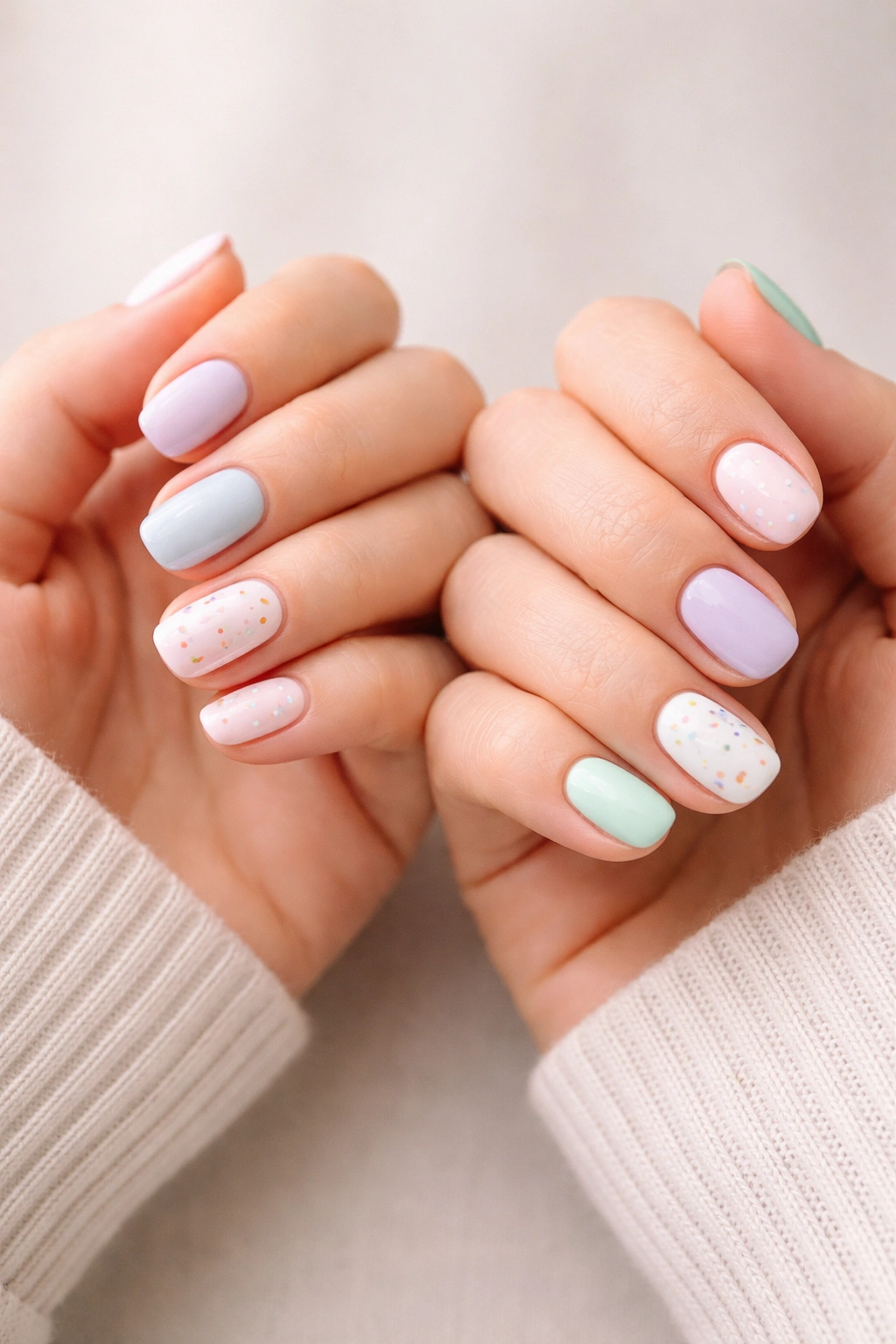 Close-up of two hands with short pastel-colored nails showing a matching manicure