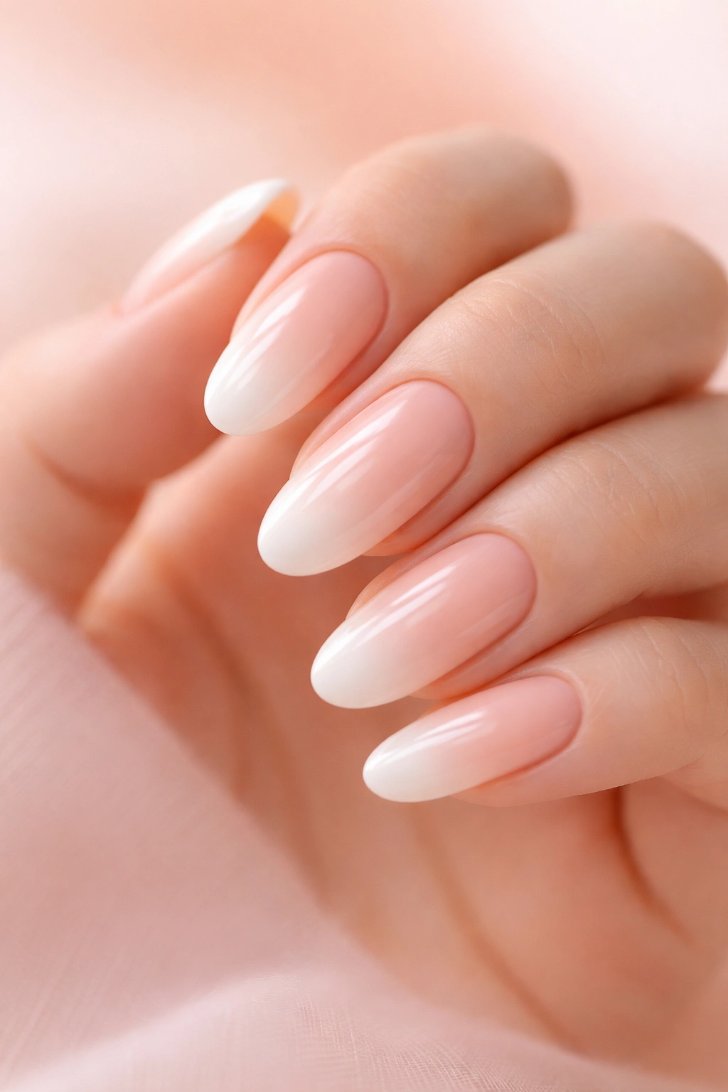 Close-up of soft peach gradient long round acrylic nails