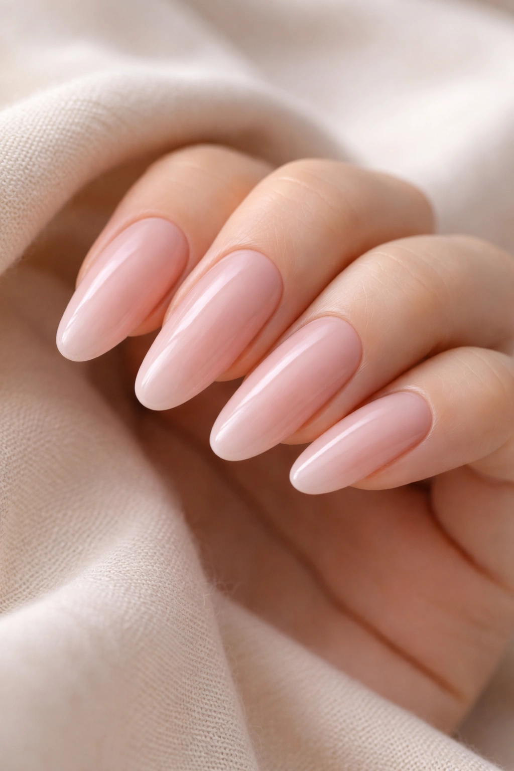 Close-up of long round acrylic nails in soft pink nude with subtle blush on a hand