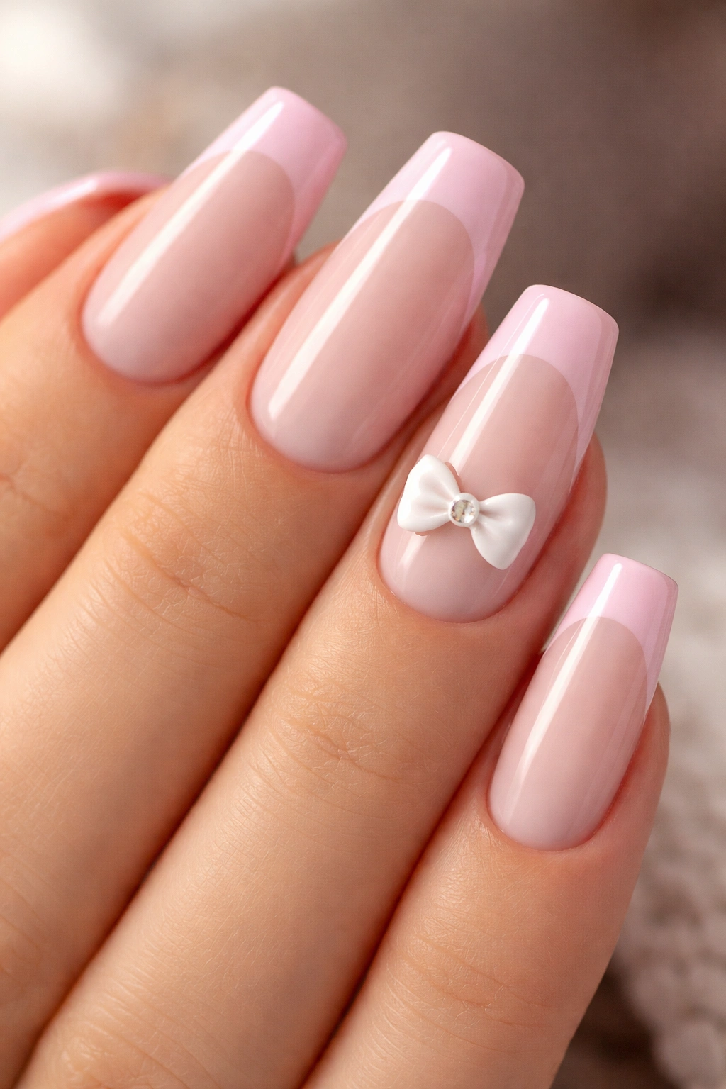 Close-up of a pink ballerina manicure with a tiny 3D bow accent