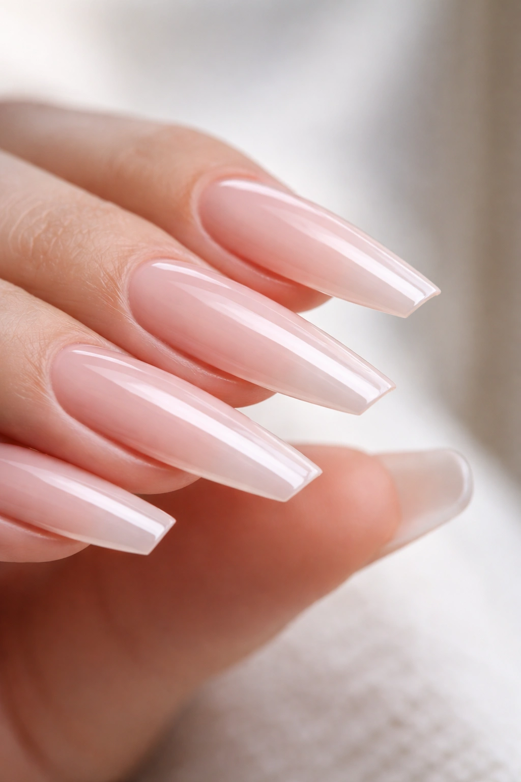 Side profile of long ballerina nails highlighting visible apex and slim free edge