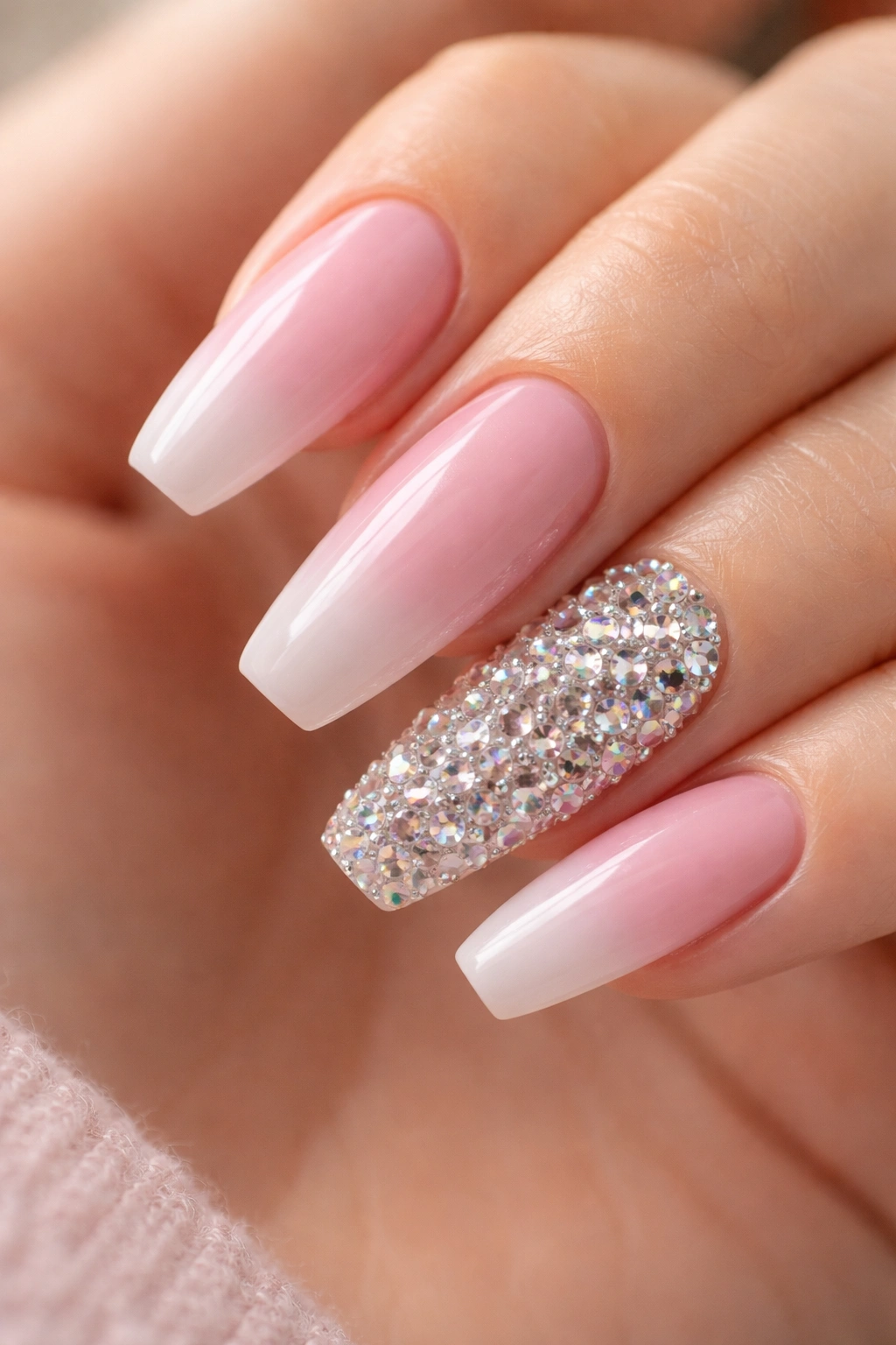 Baby pink ombre nails with full crystal accent on ring finger.