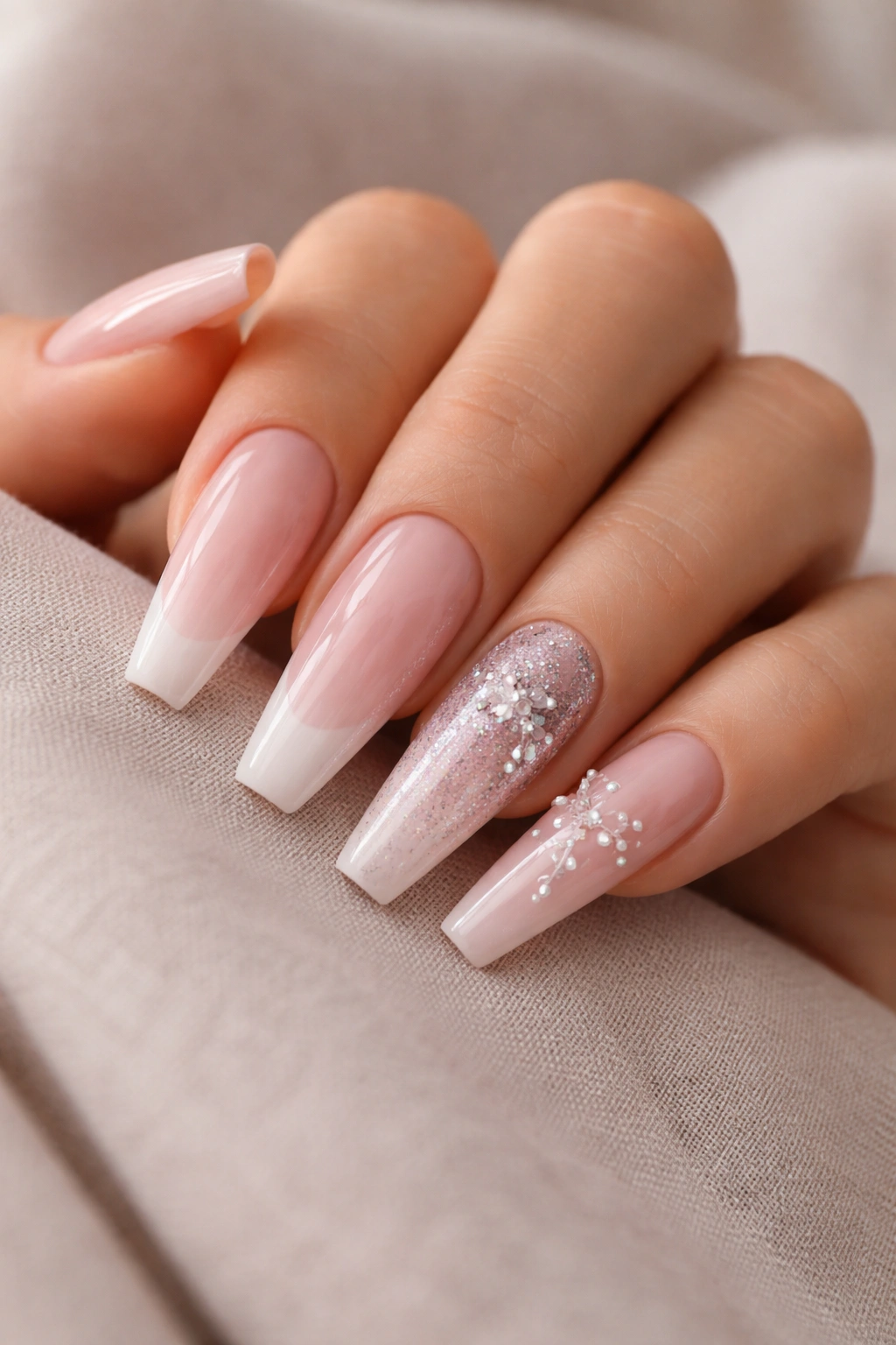 Close-up of a hand displaying long ballerina nails with varied salon designs on a neutral background