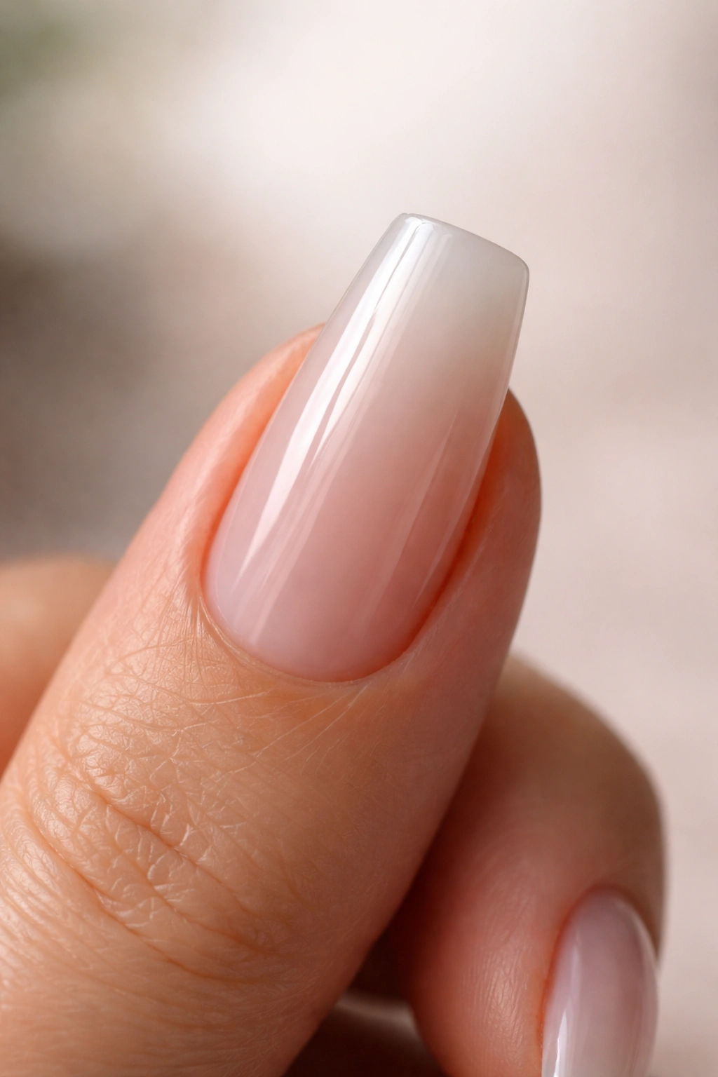 Ballerina nail shape with straight sidewalls and soft squared tip close-up
