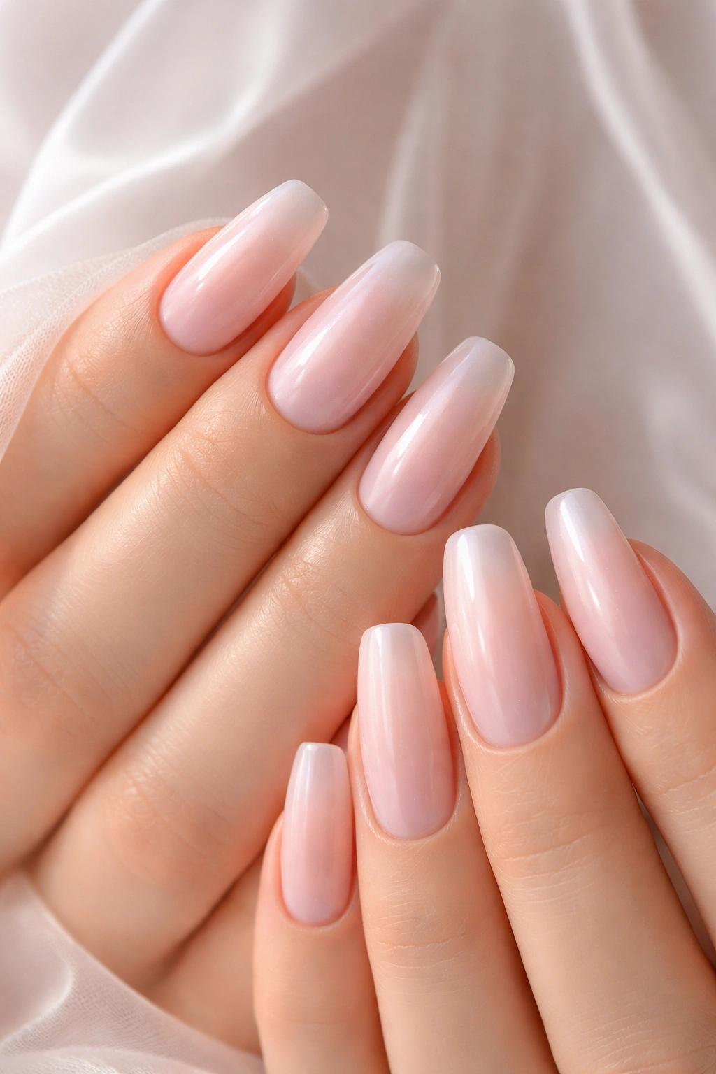 Nails in ballet slipper pink with satin pearl veil glow.