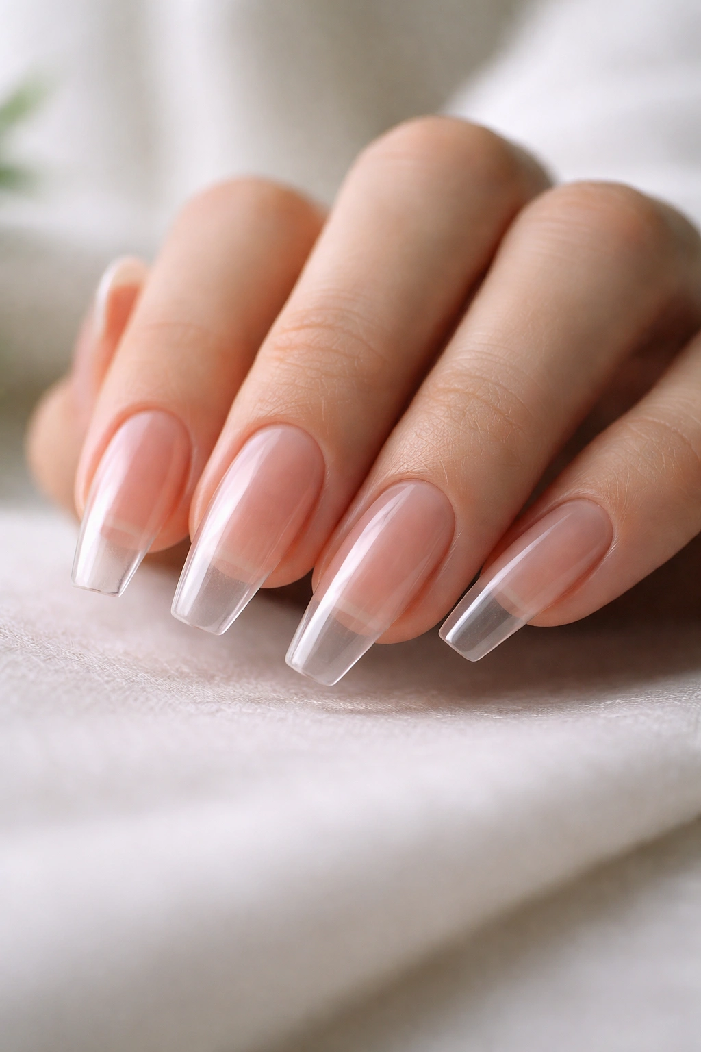 Natural nails with bare clear overlay forming slim ballerina shape