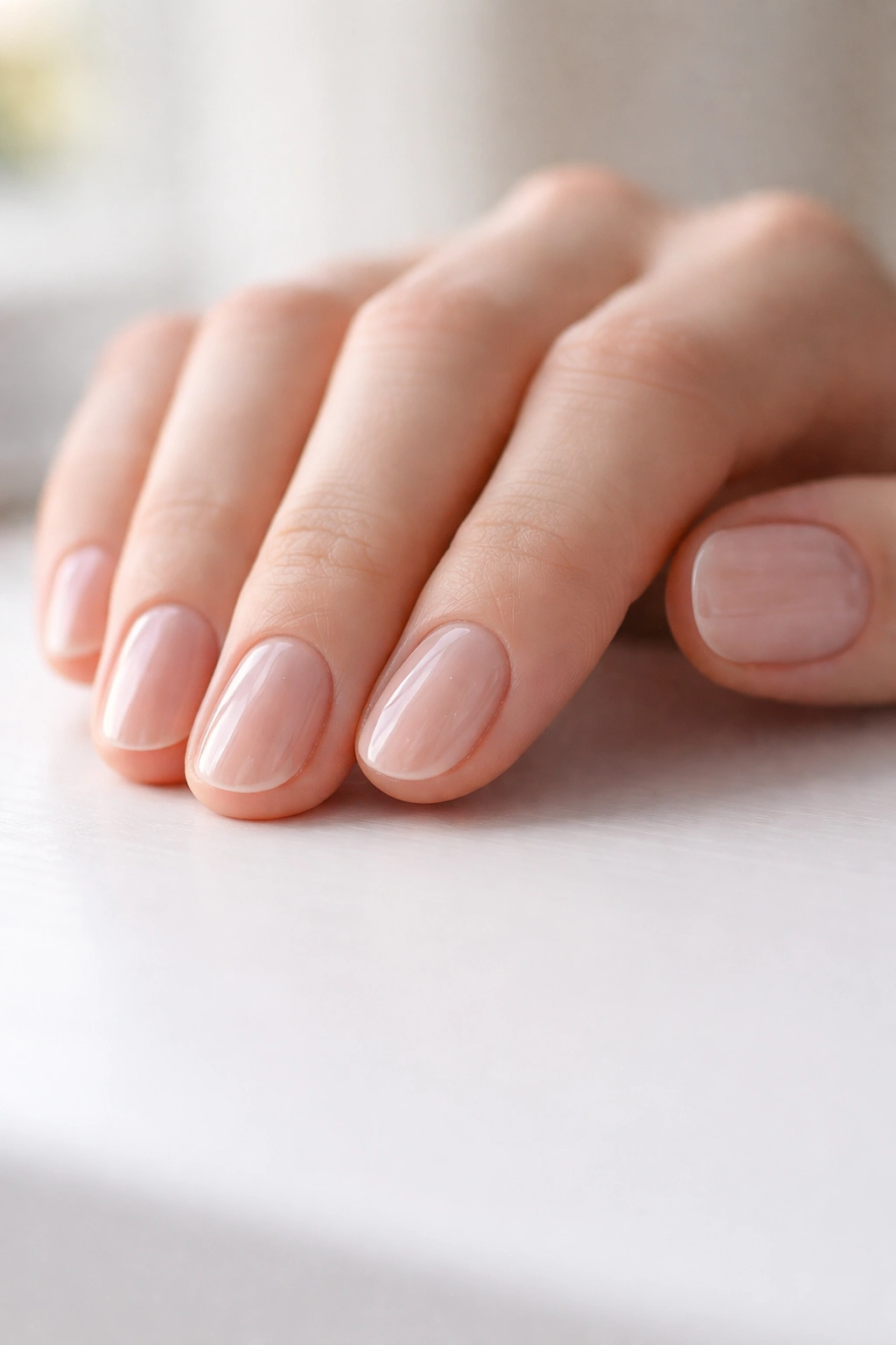 Bare nails with glossy top coat on short oval nails
