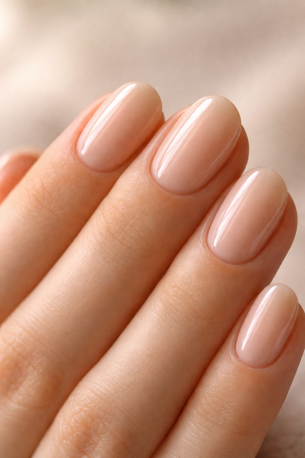 Close-up of sheer beige oval nails focusing on glossy cuticles