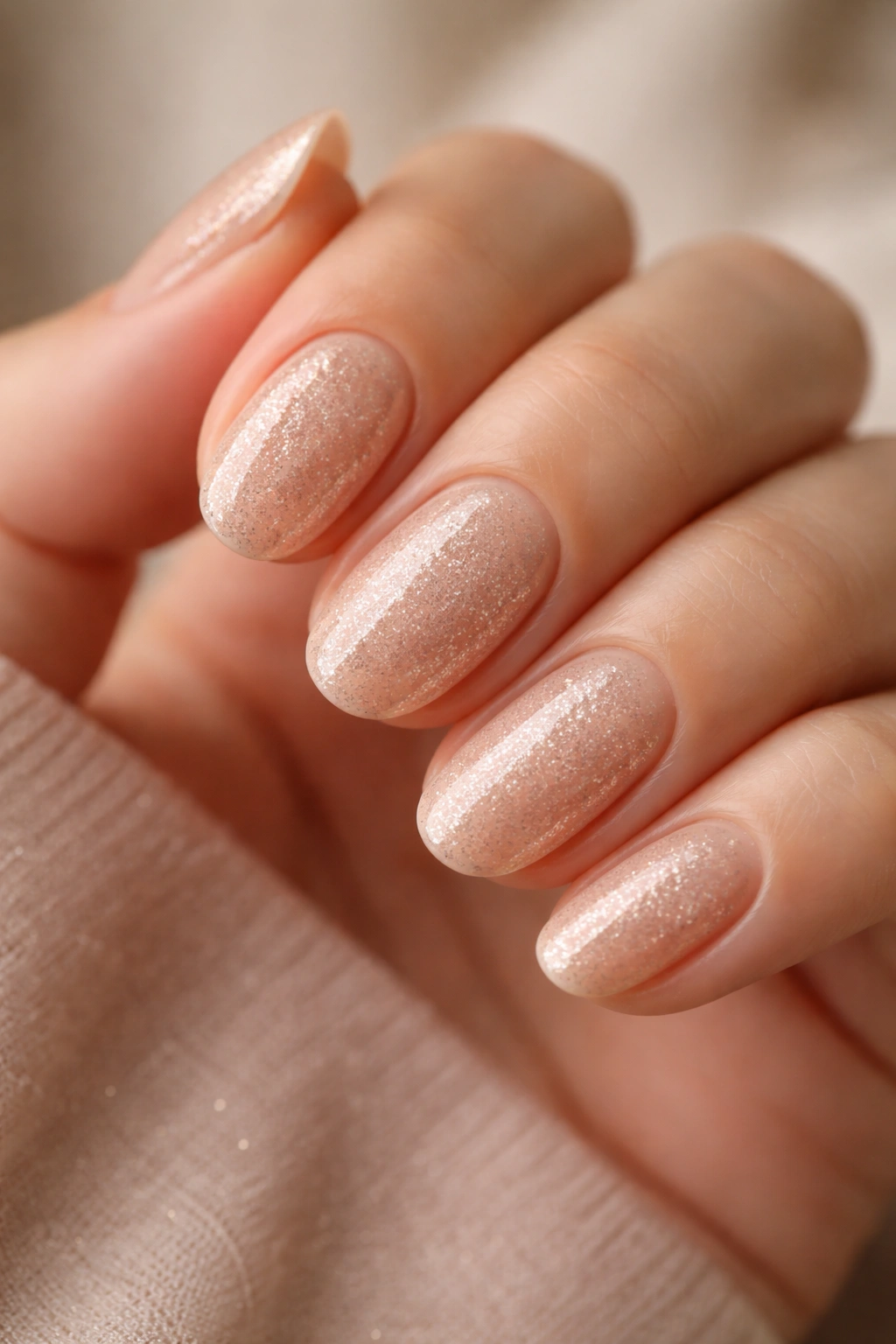Close-up of short oval nails in warm beige with fine glitter dust and subtle shimmer