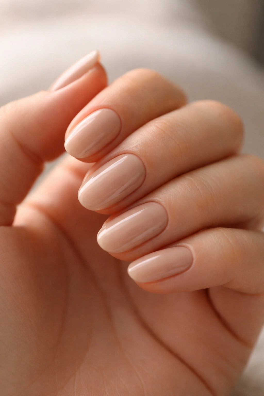 Close-up of short oval beige nude nails on natural skin
