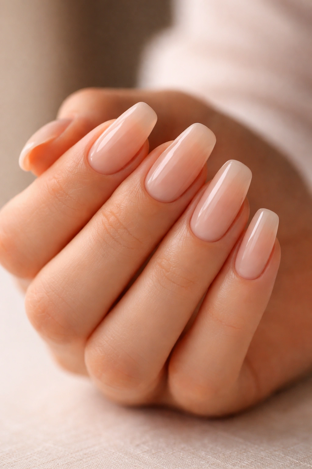 Beige-pink milk nails on a short ballerina shape close-up.