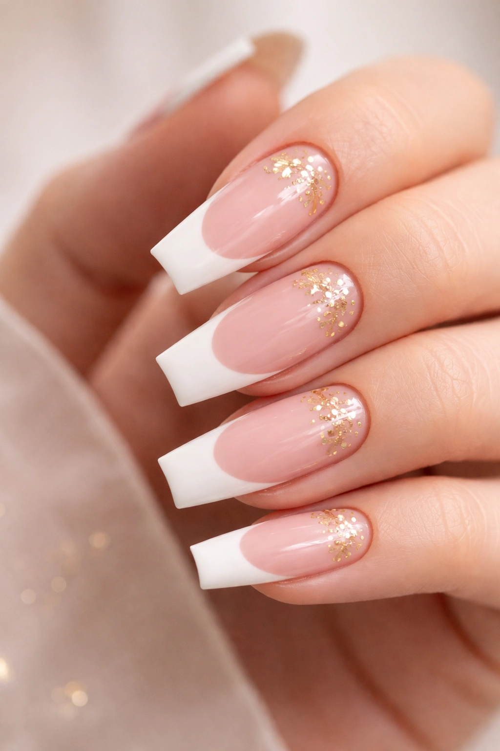 Close-up of blush nails with white tips and small gold floral accents near the cuticle