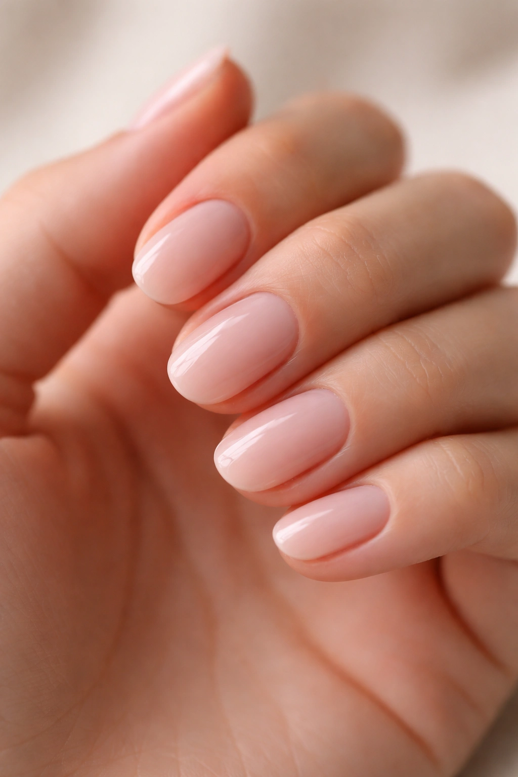 Close-up of short oval nails with translucent blush polish