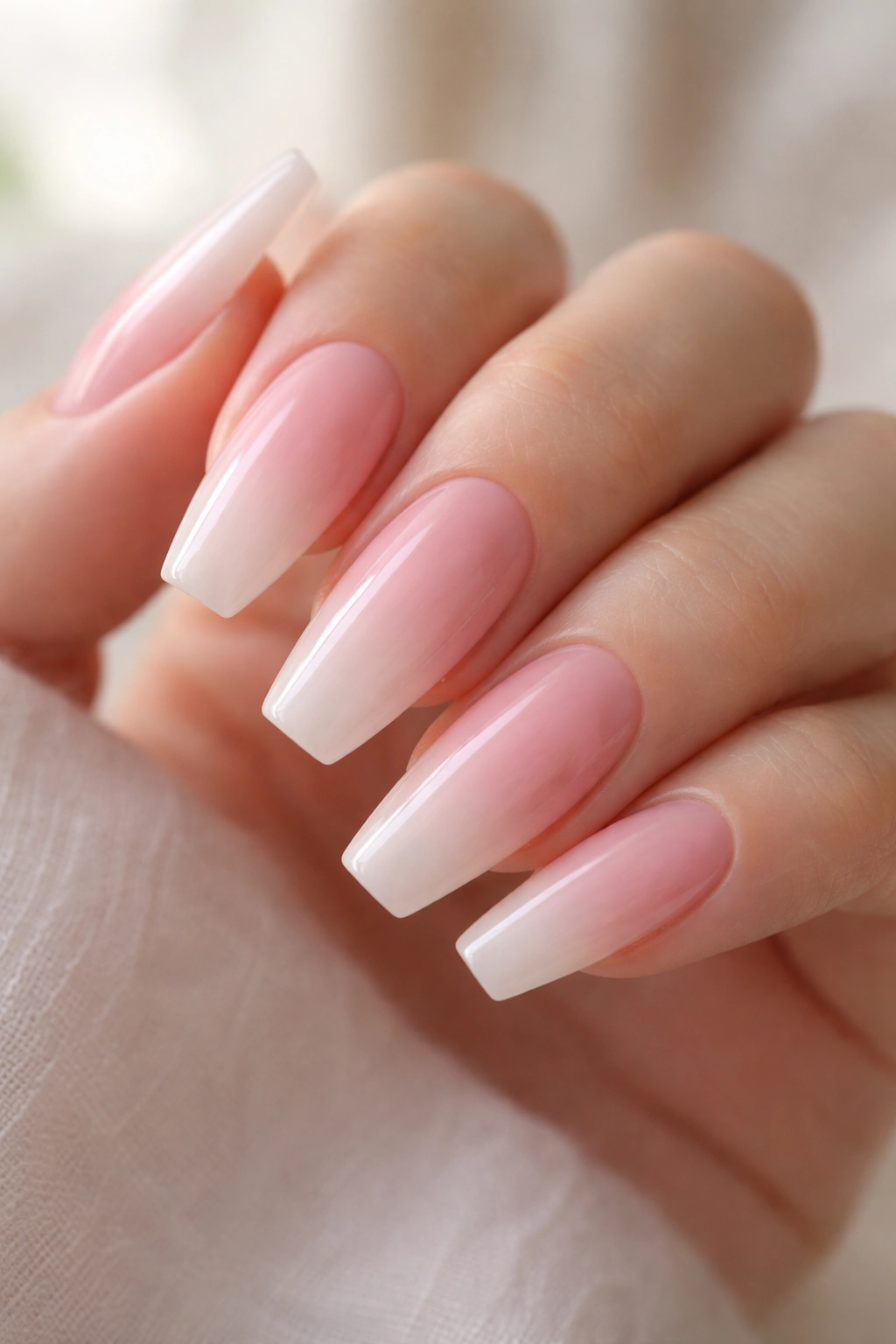 Blush pink nail with blurred cuticle bloom on ballerina shape