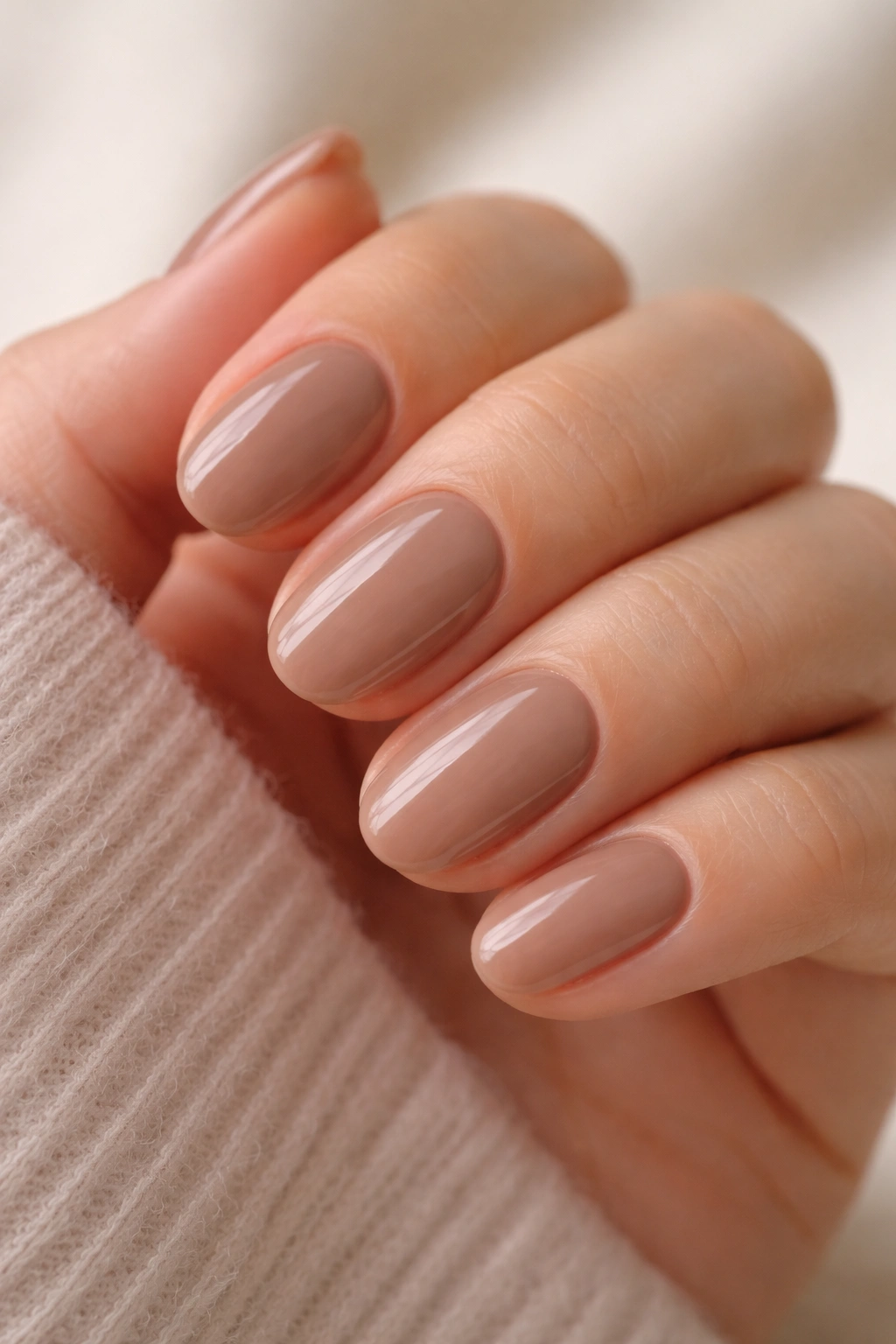 Close-up of soft brown nude short oval nails with a glossy finish