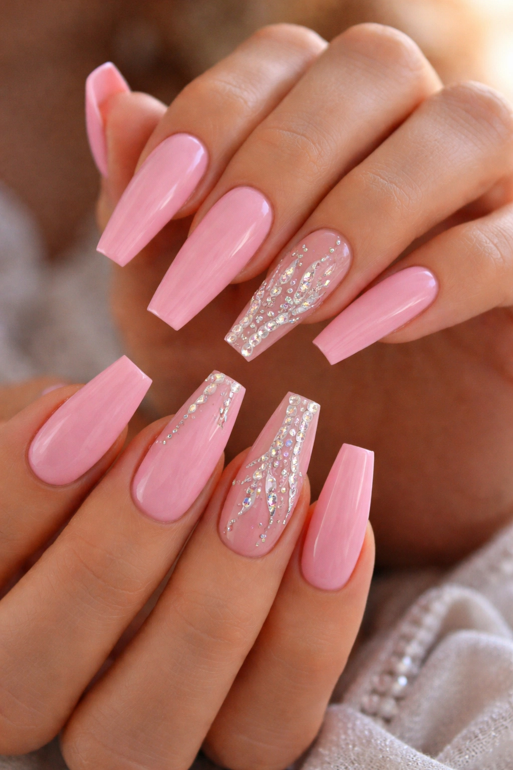 Close-up of bubblegum pink nails with crystal flame tips
