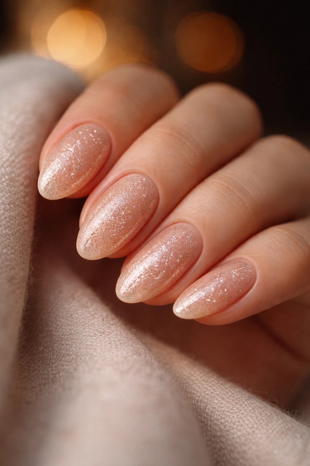 Close-up of short almond nails with champagne glitter on sheer nude base
