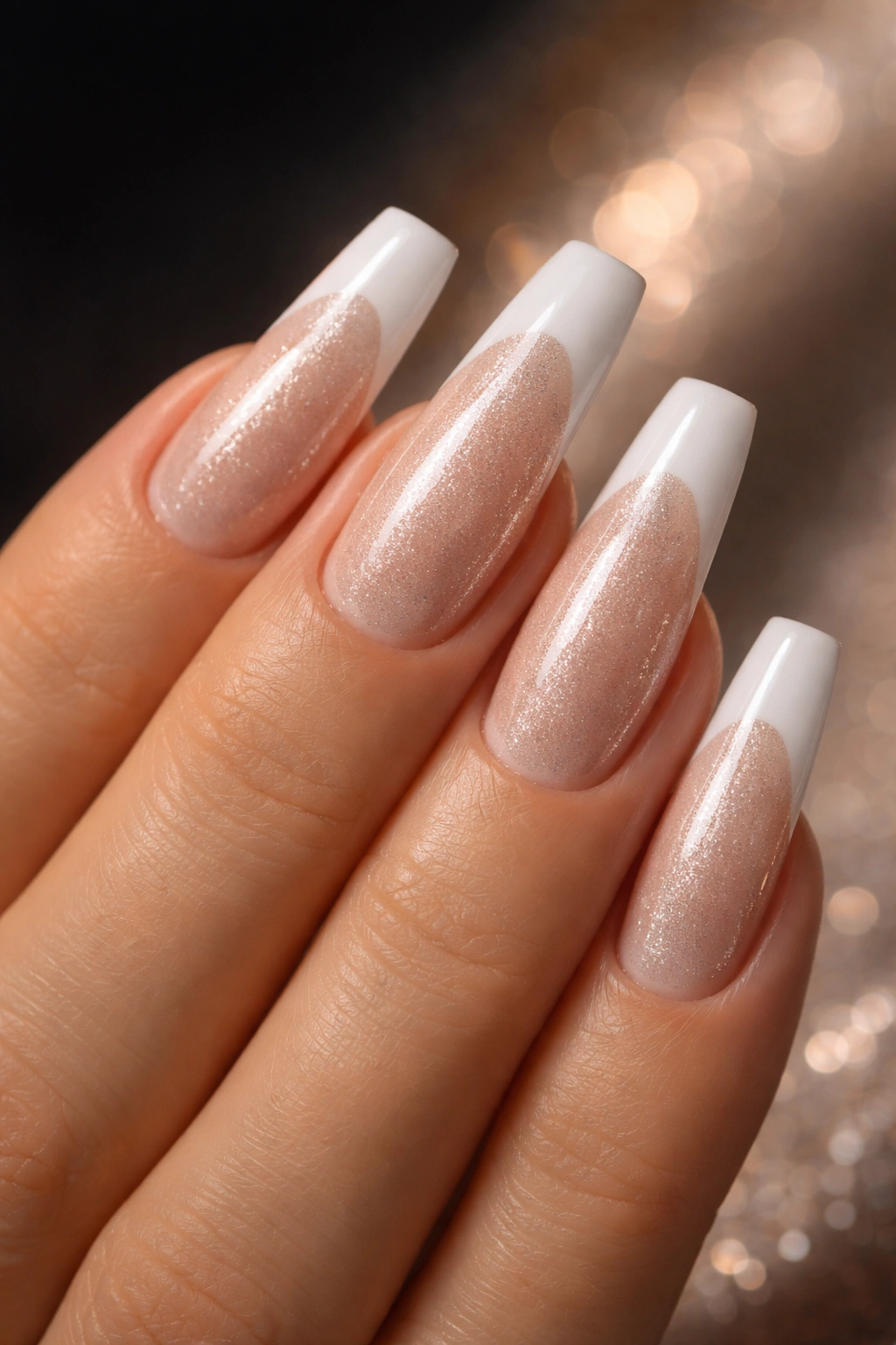 Champagne shimmer nails with frosted white tips on coffin nails