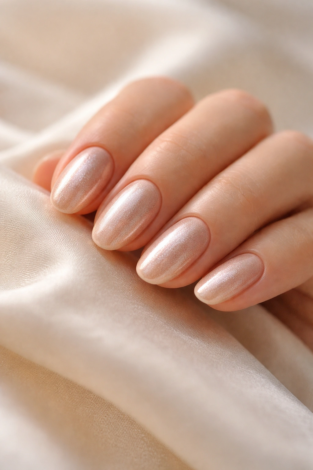 Close-up of short oval acrylic nails with champagne shimmer under studio light