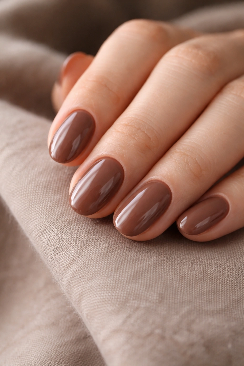 Short oval nails in chocolate nude with glossy finish