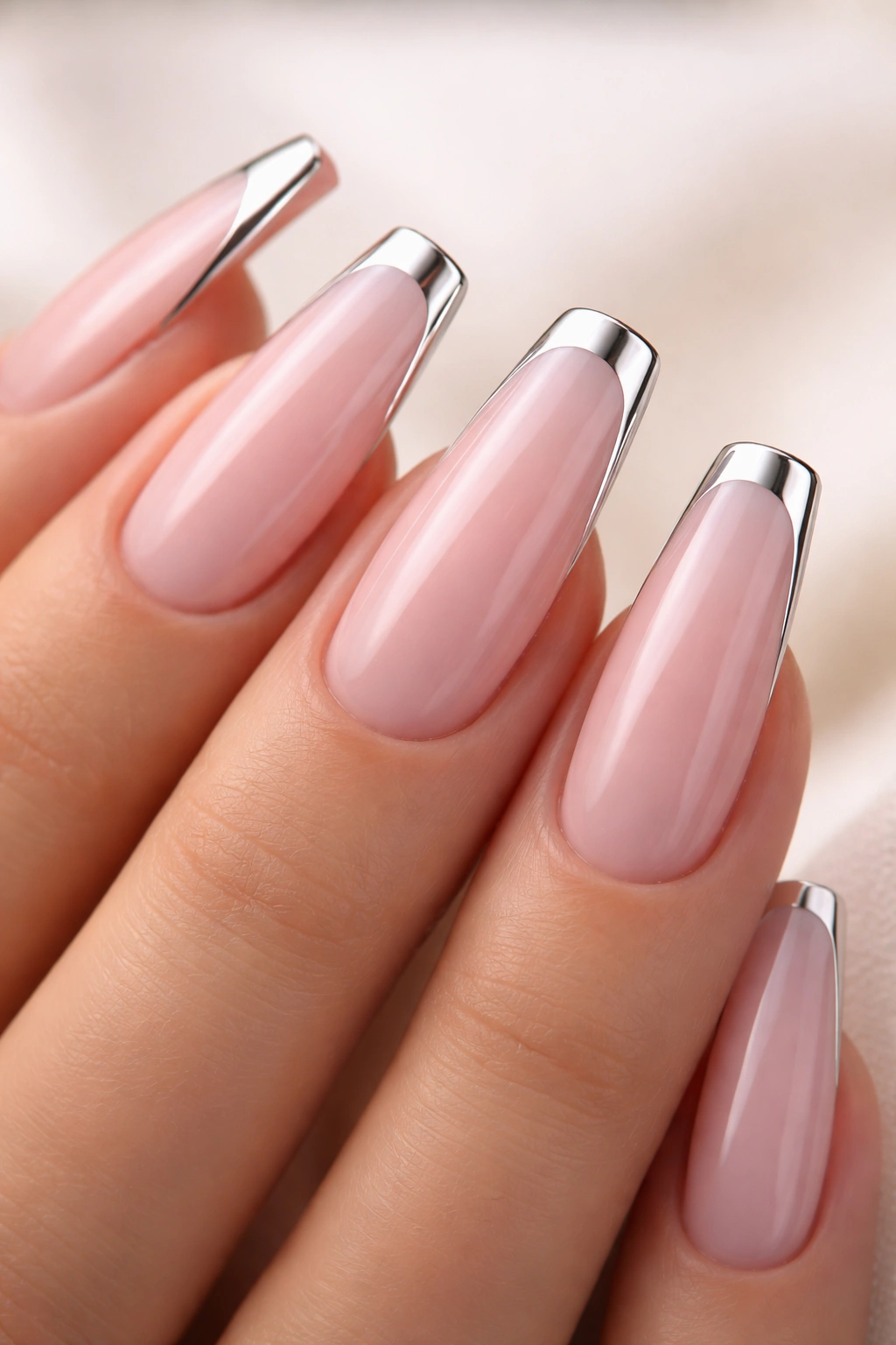 Close-up of chrome-edged pink French tip ballerina nails with a slim chrome border