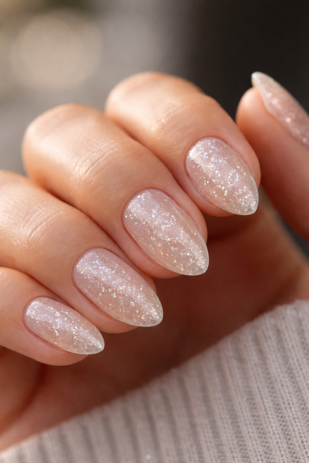 Close-up of clear jelly glitter on short almond nails