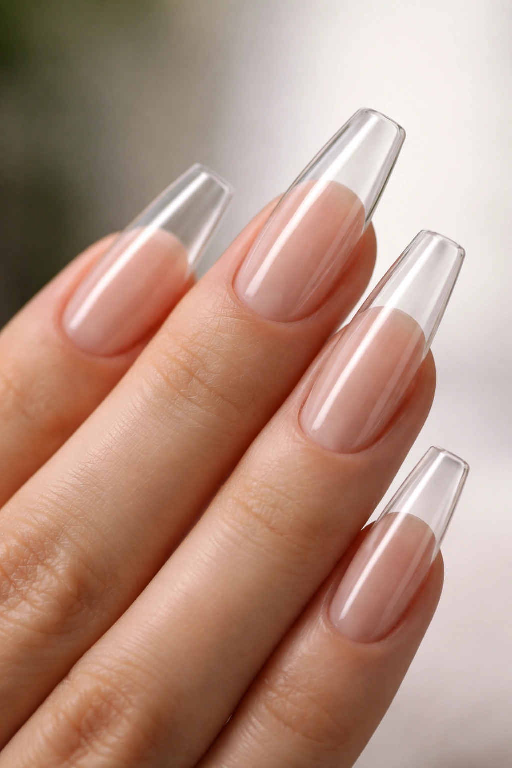 Close-up of a clear ballerina manicure showing tapered sidewalls and a crisp free edge.