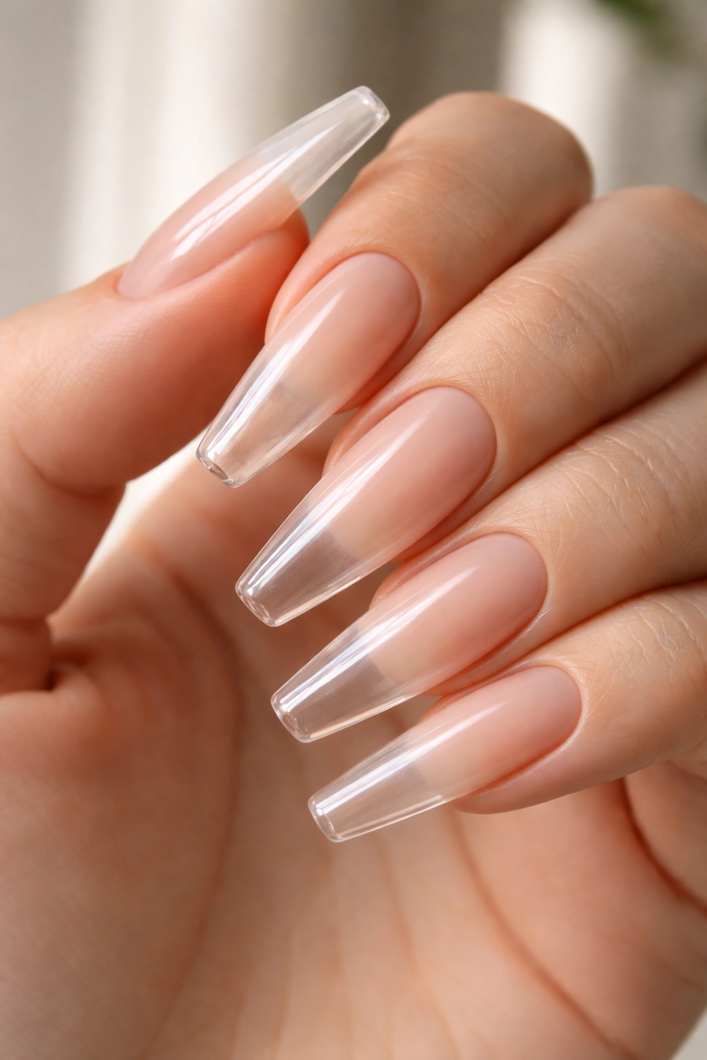 Clear ombré nails with soft nude apex on a ballerina shape
